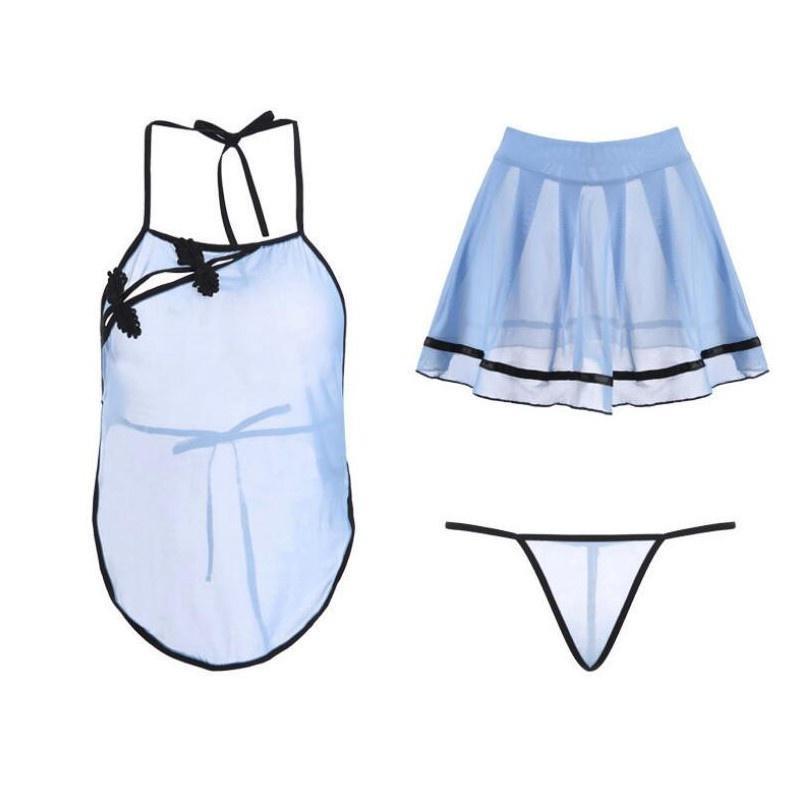 Transparent Womens Sexy Short Skirt Set Chinese Cheongsam Style Backless Underwear Skirt Set