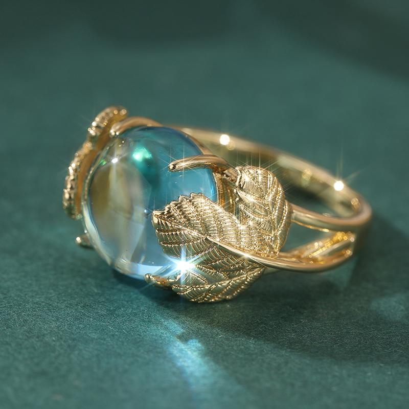 Vintage Gold Color Inlaid Sea Blue Stone Leaf Women's Ring Geometry Carving Daily Wear Party Jewelry