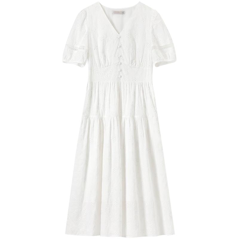Elegant Cotton V-Neck Puff Sleeve Hollow-Out Midi Dress