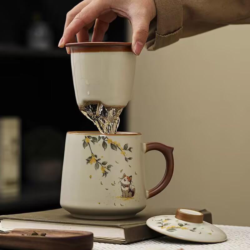 Beige Ru Kiln Teacup Large Capacity Ceramic Tea Separation Cup Museum Merchandise Teacup Team Building Meeting Commemorative Cup