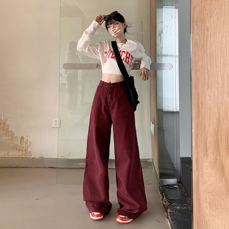 American retro wide-leg pants spring black and gray loose drape floor mopping high-waisted straight jeans women's high street