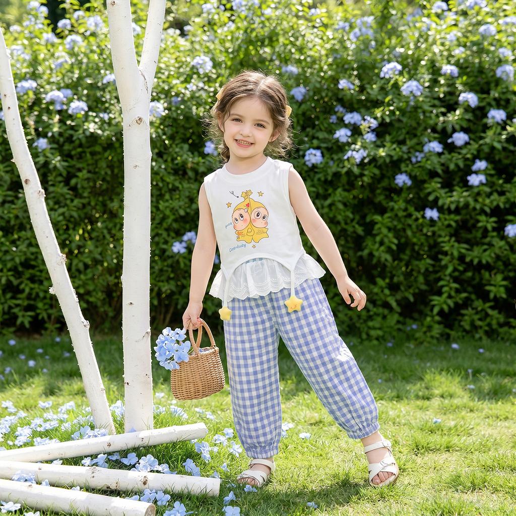 Summer Girls 2 Piece Set Cartoon Print Vest With Lace Trim And Plaid Mosquito Proof Pants Cute Outfit For Kids