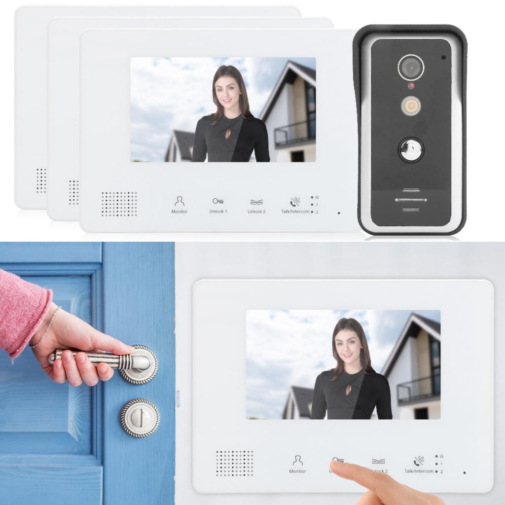2?Wire System Video Doorbell Kit 7in TFT LCD 3 Monitors Clear Night Vision Home Intercom 100?240V