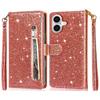 For iPhone 16 Plus Stand Case Glitter Phone Leather Cover Zipper Pocket
