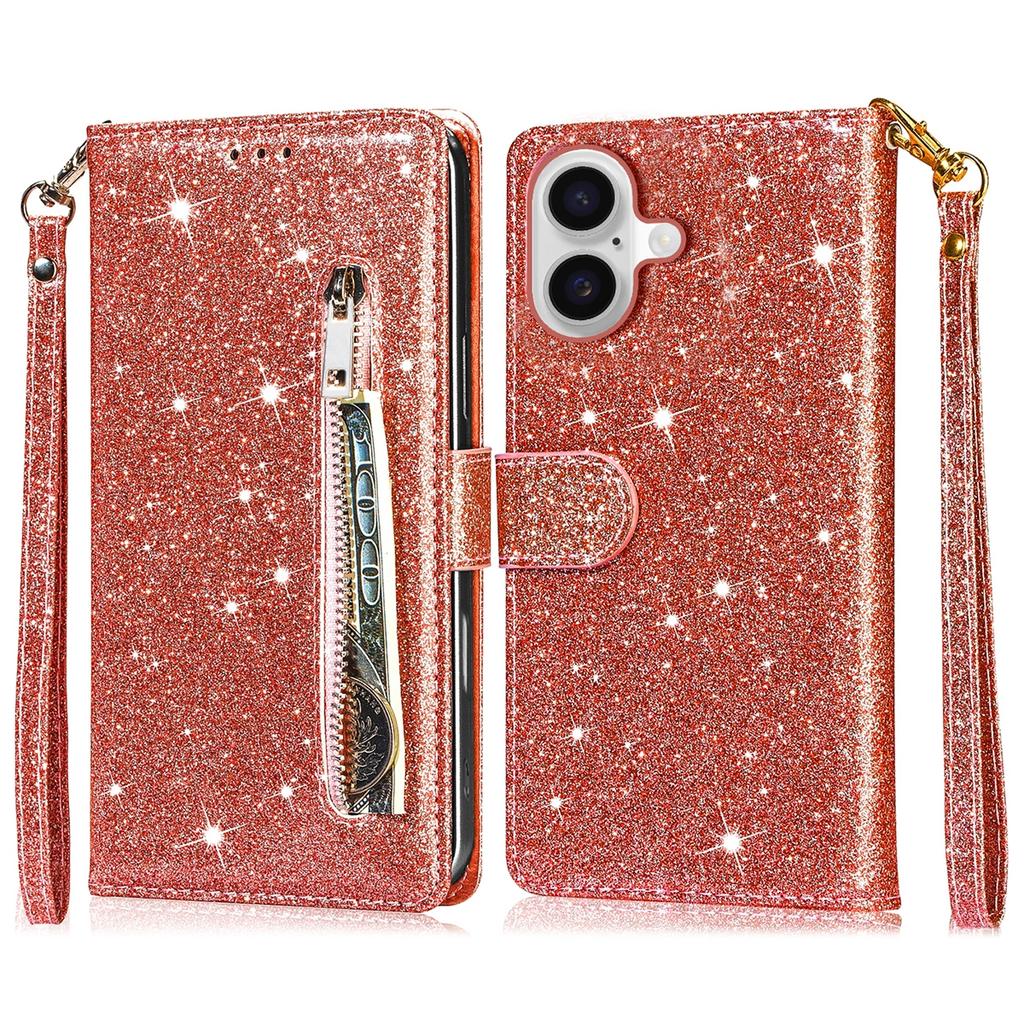 For iPhone 16 Plus Stand Case Glitter Phone Leather Cover Zipper Pocket