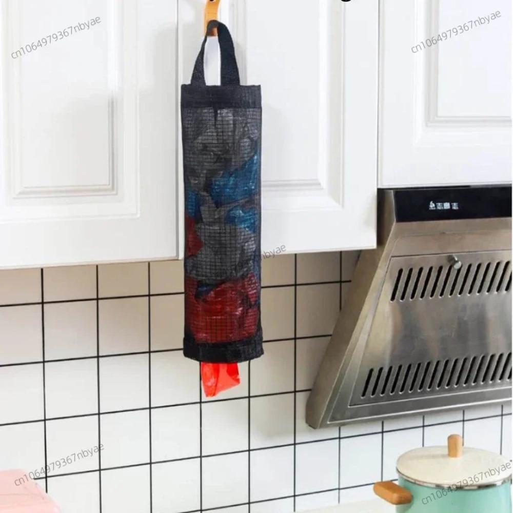 Household Kitchen Plastic Bag Storage Bags Wall-Mounted Garbage Bag Storage Bag Mesh Gray Storage Pocket Organizer