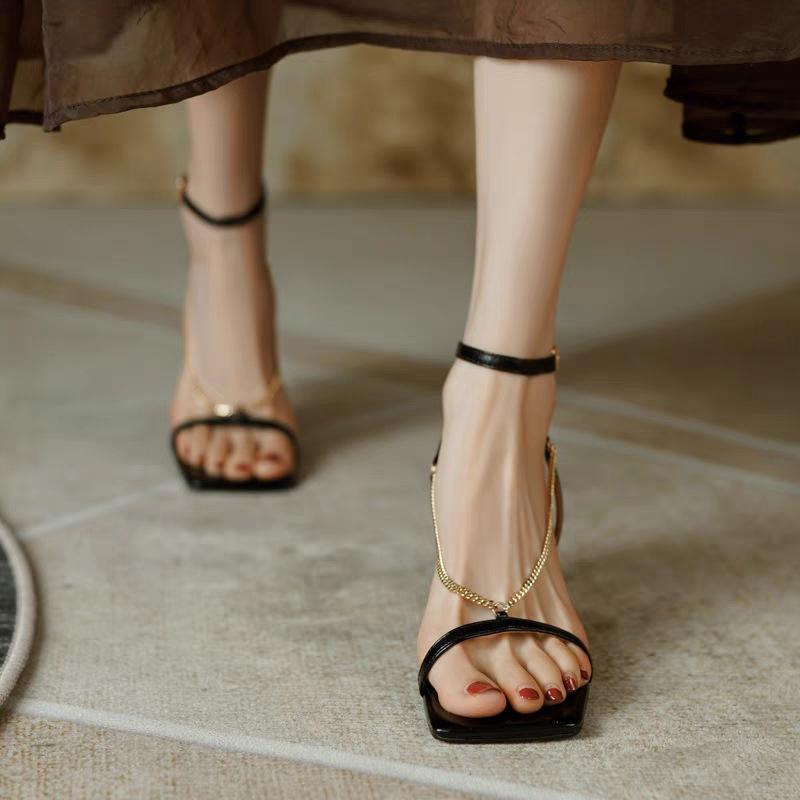 2024 Summer New Golden Roman Sandals Women's Thin Heels Fashion European and American Sexy Chain Square Toe Open Toe High Heels