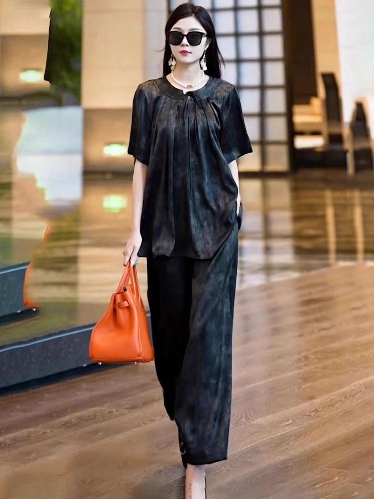 2025 Summer Luxe Retro Print Top & Wide-Leg Pants Plus Size Set