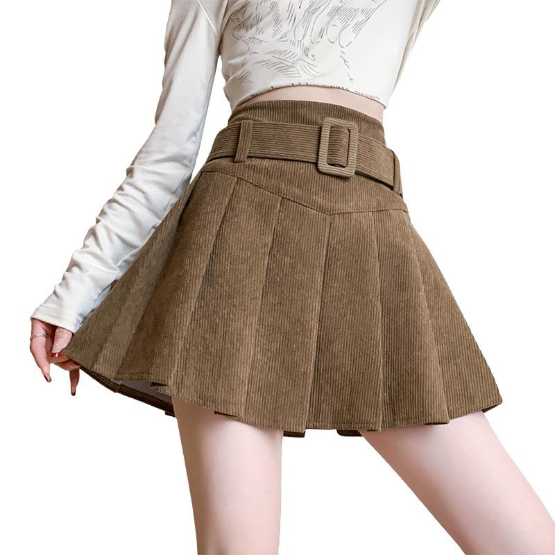 Vintage Corduroy Mini Skirts Women Autumn Winter Preppy Style High Waist Pleated Skirt Woman Fashion with Belt A-Line Skirts