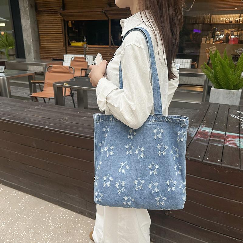 New Washed Denim Large Capacity Casual Simple Retro Literary Versatile Shoulder Bag Tote Bag