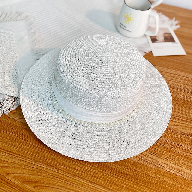 Sunscreen Shade Flat Top Pearl Straw Sun Hat Women