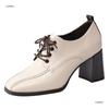 Small leather shoes style spring new square head thick heel high heels fashion lace-up versatile deep mouth single shoes