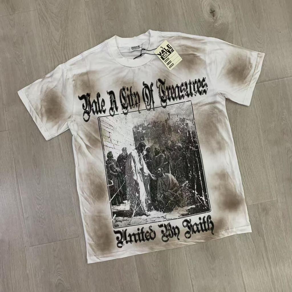 Meichao Vale New Retro Character Print Summer High Street Men and Women Loose Casual Wash Old Short Sleeve T-shirt