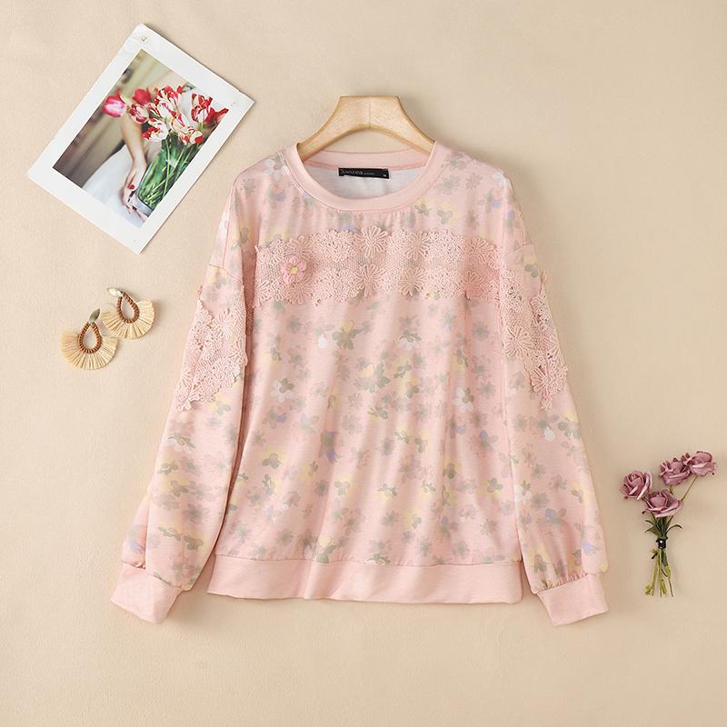ZANZEA Women Round Neck Long Sleeve Lace Patchwork Floral Print Tee Tops