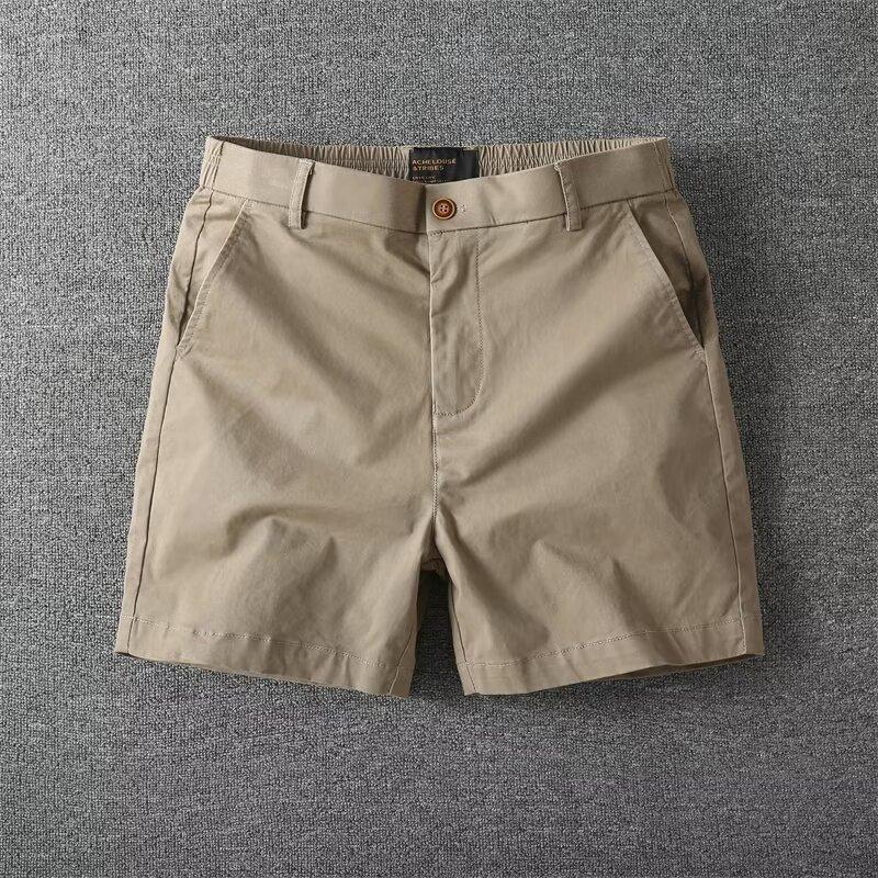 Men s Summer Casual Shorts Pure Cotton Solid Color Stretchy Straight Pants Trendy Hight Waist Elastic Waist Quarter Beach Pants 28 хаки