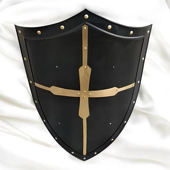 Medieval Crusader Shield Black And Gold Templar Cross Knight Armor Handmade Wall Decor LARP Costume Accessory Perfect Gift