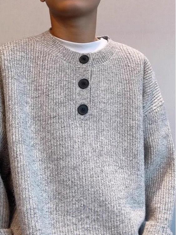 Men's Winter 2025 Henley Collar Slub Yarn Knit Pullover Sweater - Loose Fit with Soft Arctic Fleece