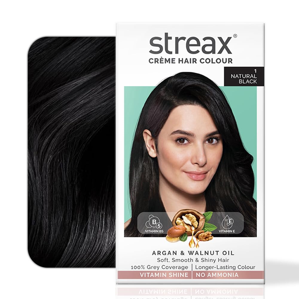 Streax Crème Permanent Hair Colour for Women 100% Grey Coverage Natural Black 140 Ml Pack of 1 Long Lasting