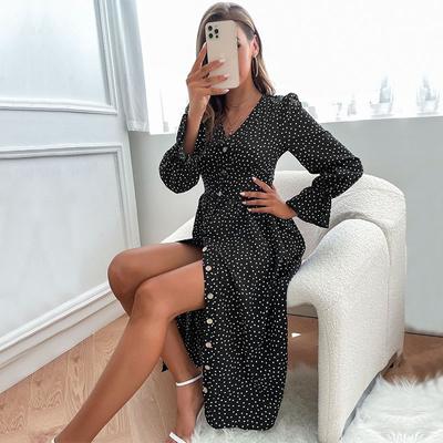 Temperament and Elegance Outer Wear Women's Black Polka Dot Long-sleeved Dresses for Fall