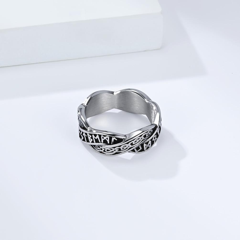 Nordic retro Viking text woven eternal knot, titanium steel ring, men's and women's niche design wedding ring, artistic food ring