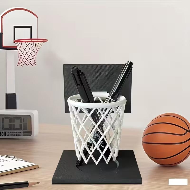 Creative Basketball Hoop Pen Holder Desktop Organizer With Base Space-Saving Decorative Accessory Home, School, Office Decor