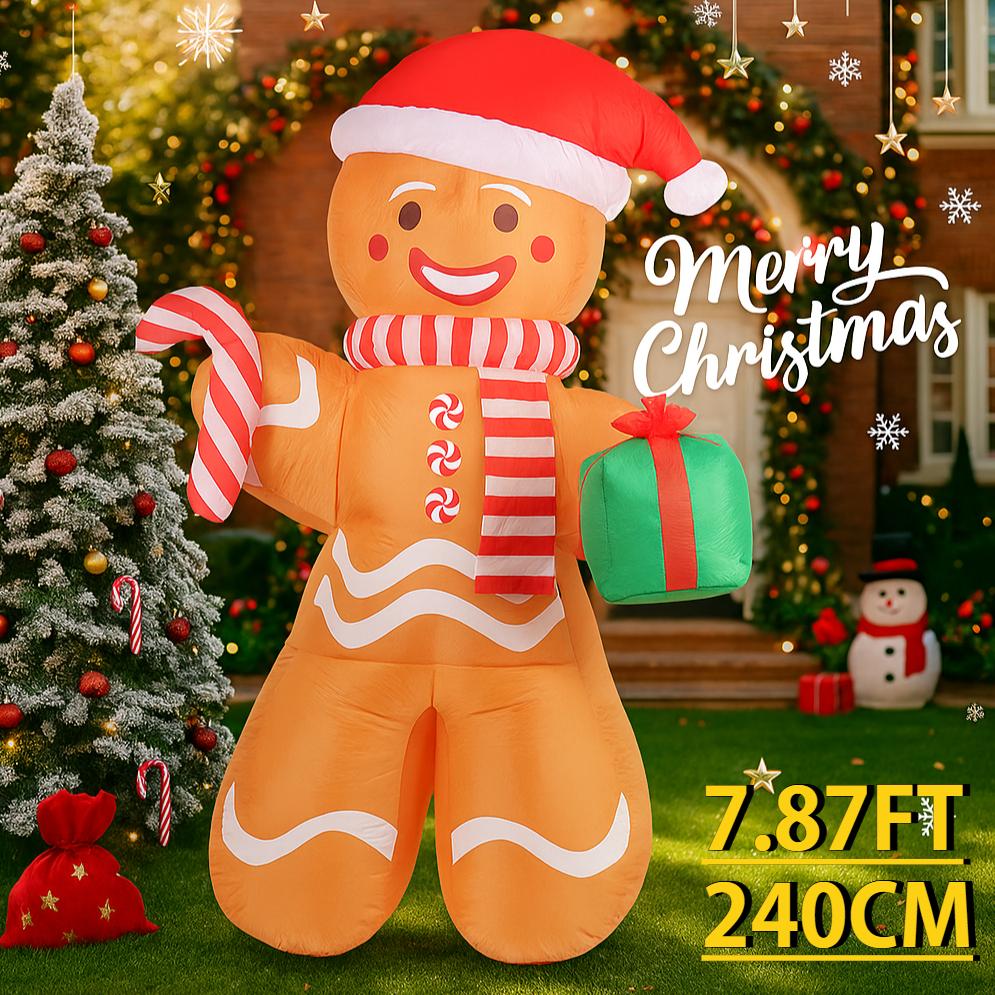 7.87FT Inflatable Toy Gingerbread Man Candy Cane Gift Xmas Yard Lawn Party Decoration with LED Lit Christmas Home Supplies Gift