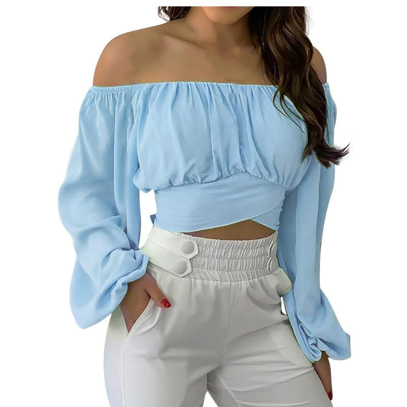 Elegante Damen Schulterfrei Kreuzgurt Bluse Langarm Sexy Crop Top Damen Slim Fit Einfarbig Mode Frühling Sommer Basic Süßes Hemd