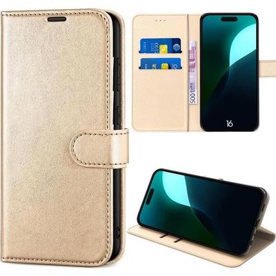 Case for iPhone 16 - Shockproof - Golden Synthetic Leather - Foldable - Integrated Card Holder