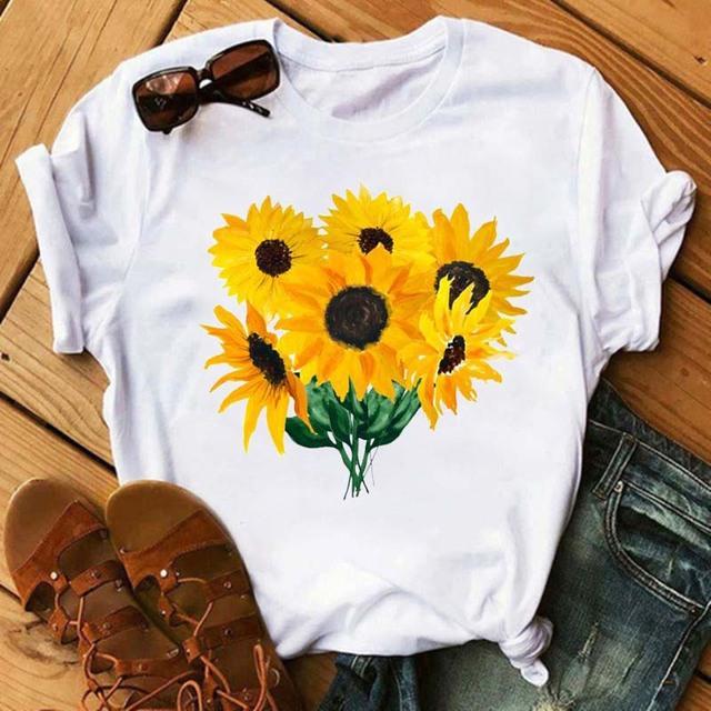 Vintage Leopard Love Sunflower Graphics Women T-Shirt 90S Summer Blouse Loose Short Sleeve Round Neck Female Crop Tops