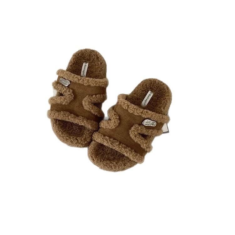 2025 autumn new French outer wear fashion fluffy slippers femininity soft bottom velvet thermal cotton slippers