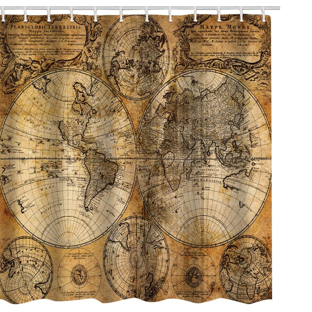 Tenda da Doccia Vintage Mappa del Mondo Storia Globale Carta Macchiata Oceani Terre Stile Vintage Tessuto Stoffa Arredo Bagno