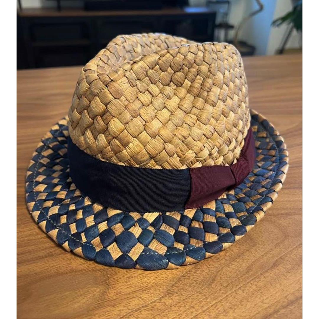 Used BEAMS Straw Hat Navy & Wine Red Ribbon