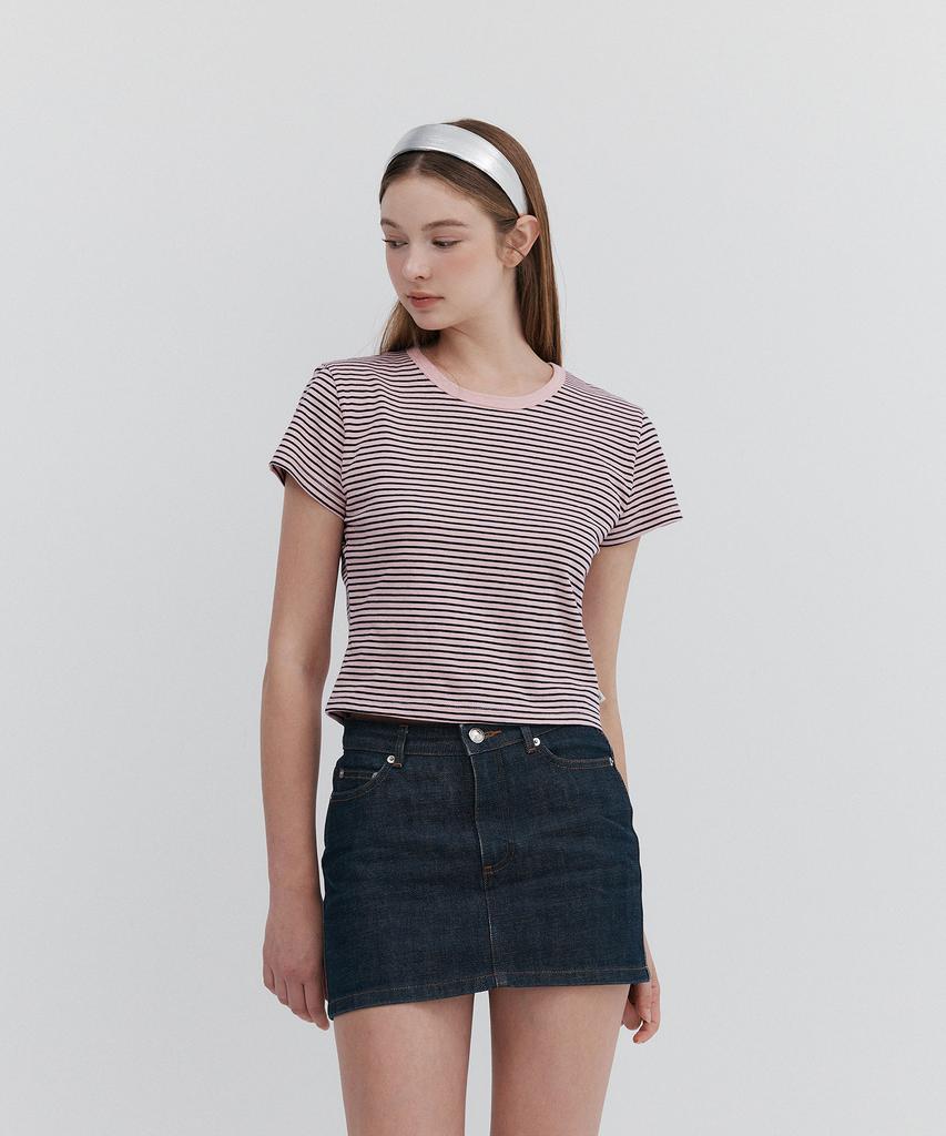 Une Stripe Cropped T-Shirts_Pink