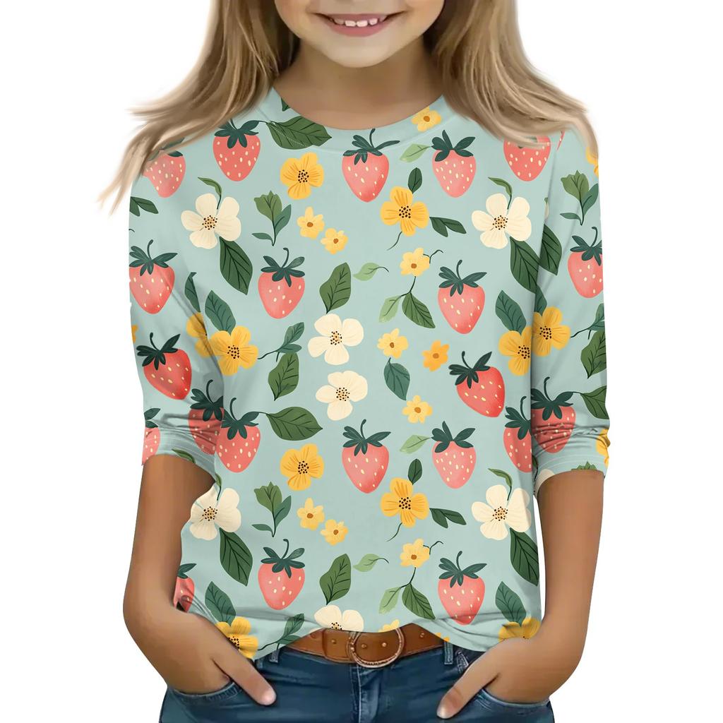 Print Tops For Youth Girls 5-16 Years Round Neck 3/4 Sleeves T-Shirts Trendy Tops Outfit Tees