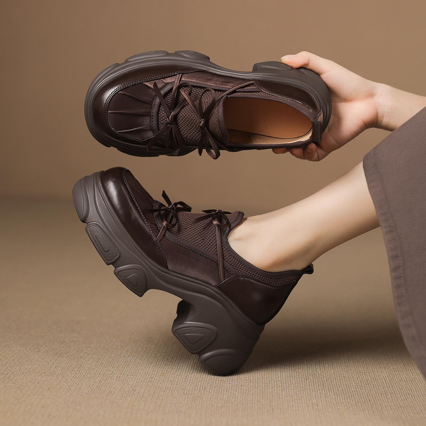 

Leather version~ Lightweight thick-soled heightened round-heeled loafers women s sweet and cool wind one-pedal casual sports shoes 40 коричневый