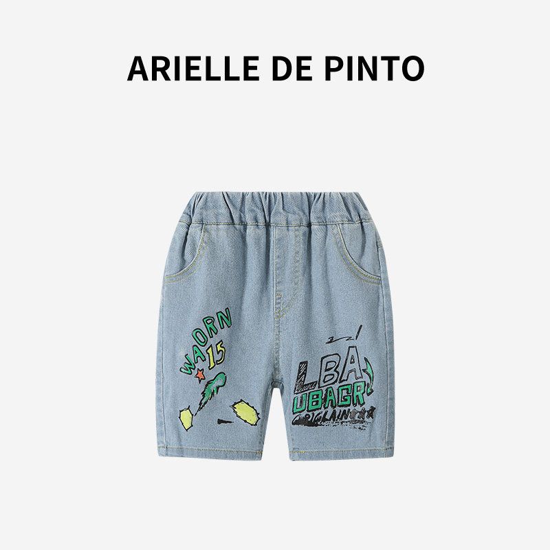 French Arielle De Pinto Boys  Denim Shorts Summer Casual Versatile New Graffiti Denim Shorts Blue 150