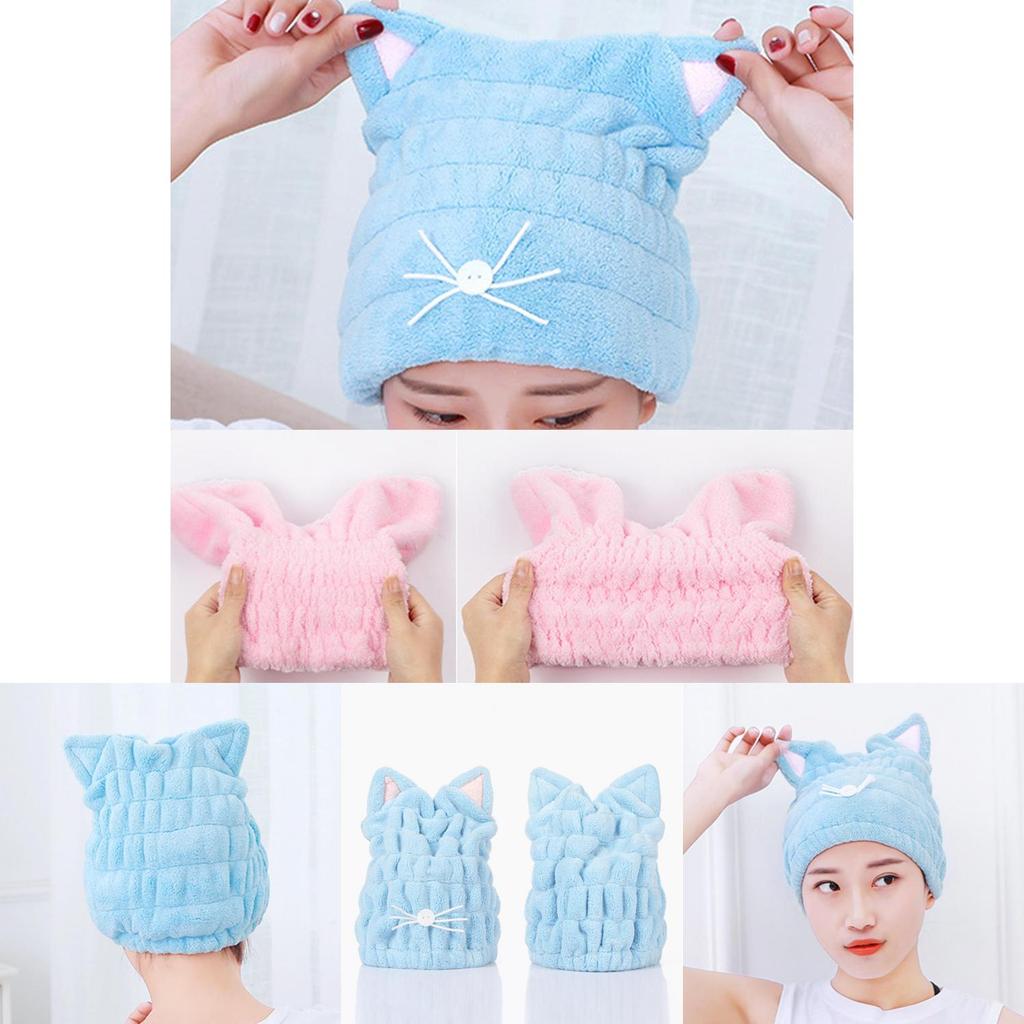 Adjustable Hair Drying Cap Hair Wrap Towel Featuring Cute Cat Ears Design**
