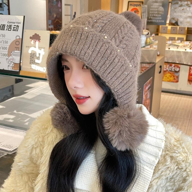 Cute Hairball Hat Women's Thickened Warm Ear Protector Knitted Hat Fashionable Solid Color Casual Wool Hat