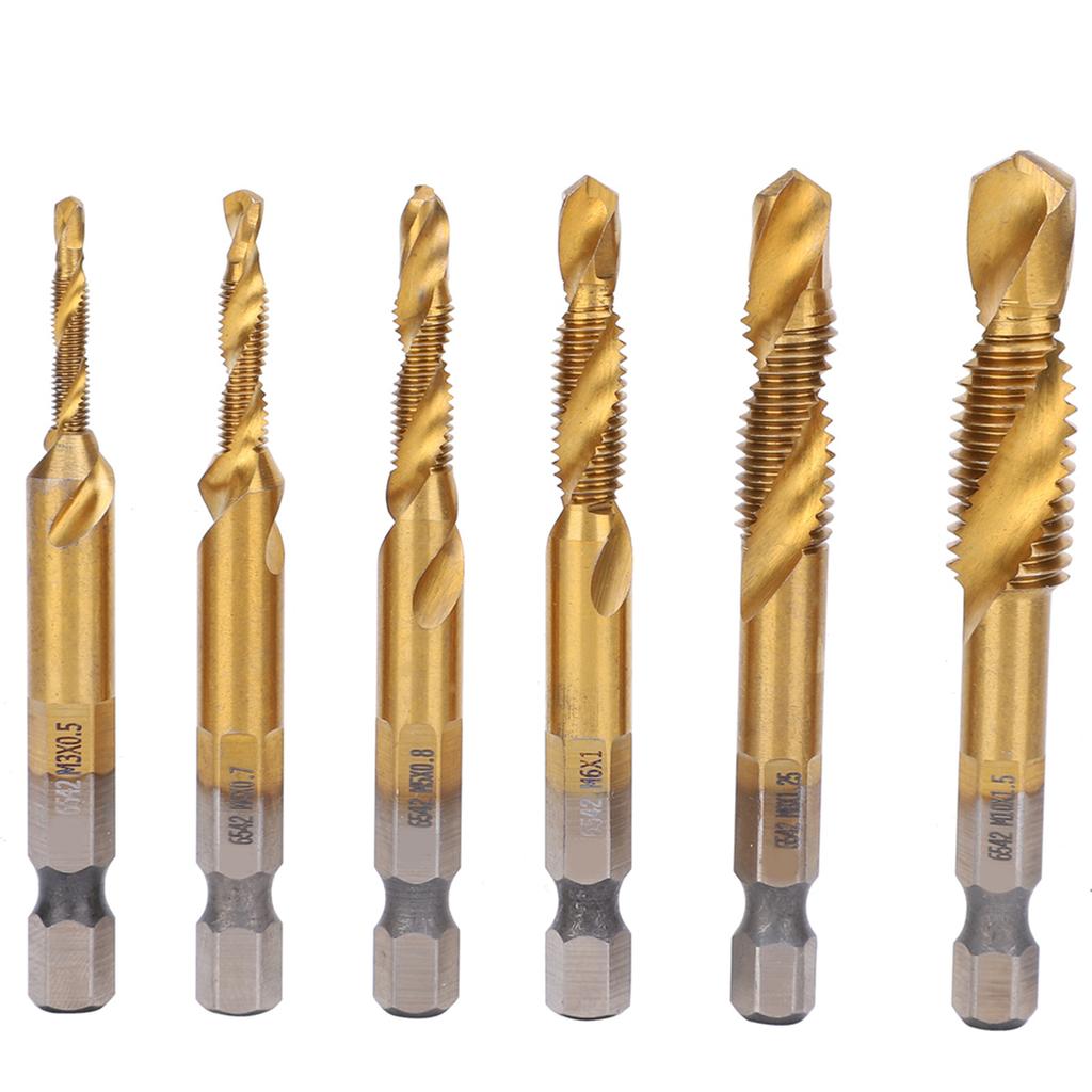 6Pcs HSS Tap Drill Bits Set High Speed Steel Titanium Coated Hex Shank Thread Hand Tool M3‑M10