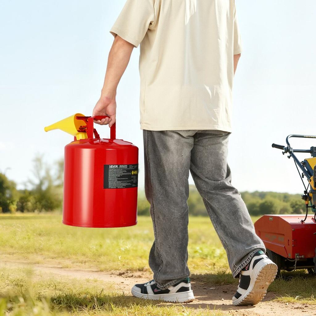Safety Gas Can, 19 L Type I Red Safety Can for Gasoline with Stainless Steel Flame Arrester, Self-Closing Lid, and PE Funnel, Carbon Steel Flammable