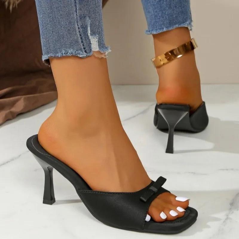 2025 Summer New Solid Square Toe Women's Slipper Elegant Modern Dress Sandals Women with Butterfly-knot Thin Heels Slippers