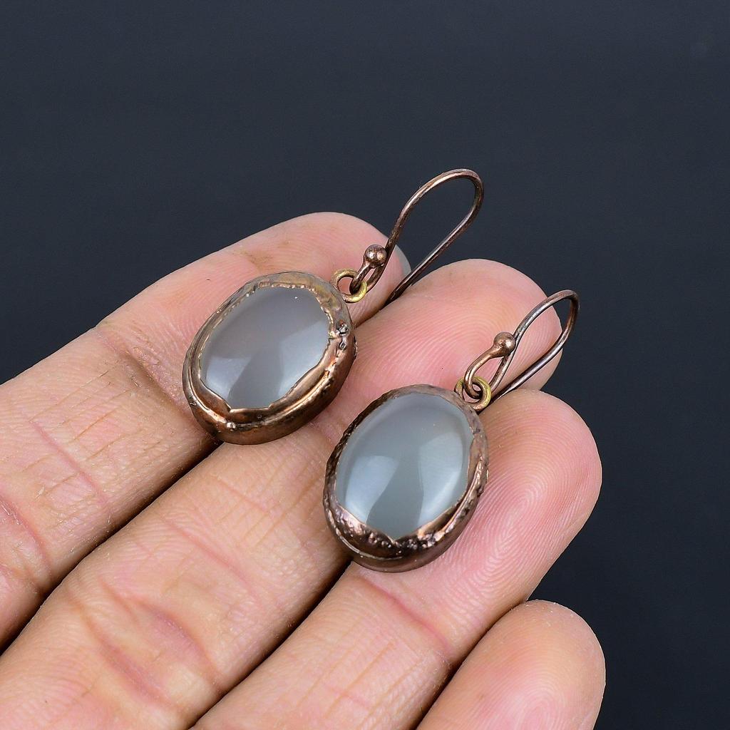 Aqua Chalcedony Handmade Gemstone Jewelry, Copper Electroformed Earrings Unique Design Jewelry, For Women