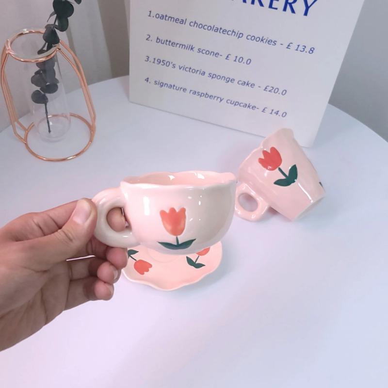 Ins Hand Holding Cup Minority Hand-painted Tulip Pink Flowers Ceramic Cup Hand-made Vintage Creative Gift