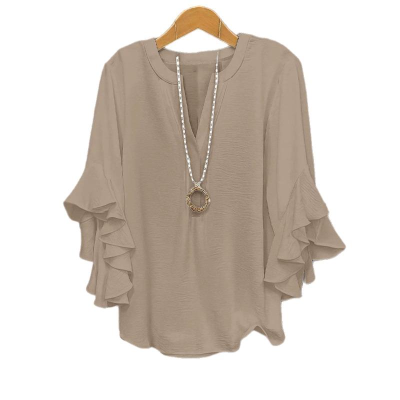 Fashion V-neck Loose Women Blouse Casual Plus Size Ruffled Seven Quarter Sleeve Shirt Spring Autumn Solid Color Sweet Simple Sweet Women's Clothing