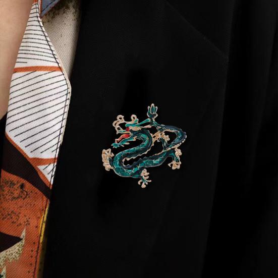 Ethnic Style Brooch Pin Unisex Dragon Shape Rhinestone Inlaid Enamel Pin