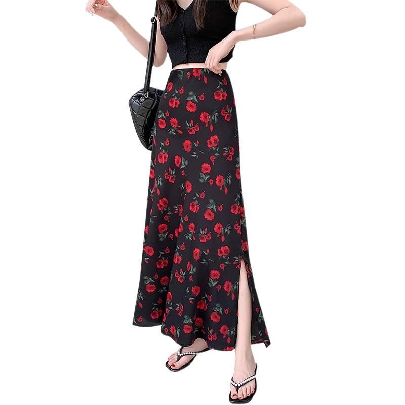 Retro Rose Print High-Waisted Side Slit A-Line Skirt - Women's Spring/Summer 2025 Collection