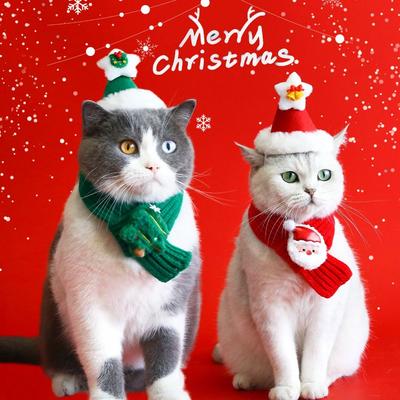 Cat Collar Red Pet Christmas Scarf Green Wool Warm Scarf Santa's Hat Cat