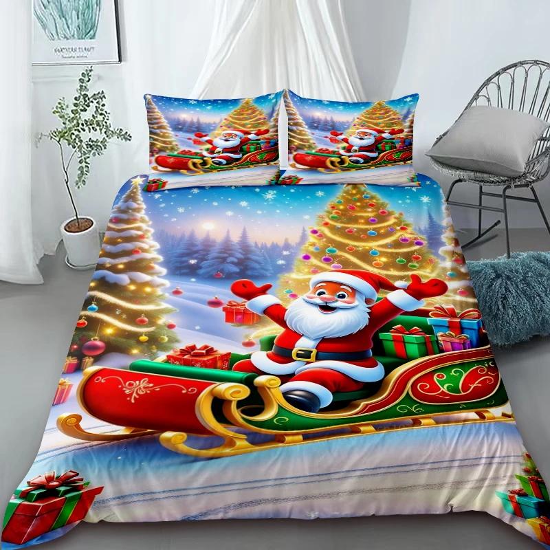 Cartoon Santa Claus Duvet Cover Elk Christmas Bedding Set With Zipper 1 Duvet Cover 2 Pillow Case Queen King Bedroom Decor