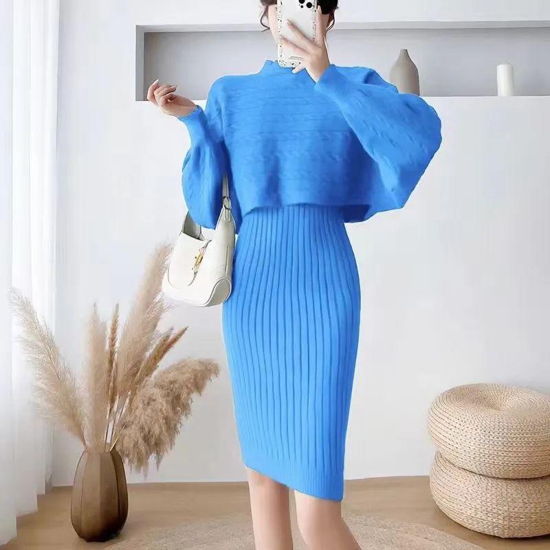 French style western-style sweater two-piece set thickened autumn and winter base dress fashionable knitted suspender dress