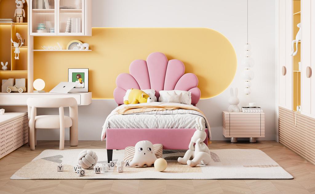 Gepolstertes Kinderbett 90 x 200 cm, Bettgestell mit blumenförmigem Kopfteil und Lattenrost, Hautfreundlicher Samtstoff, Gästebett (Farbe: Rosa)